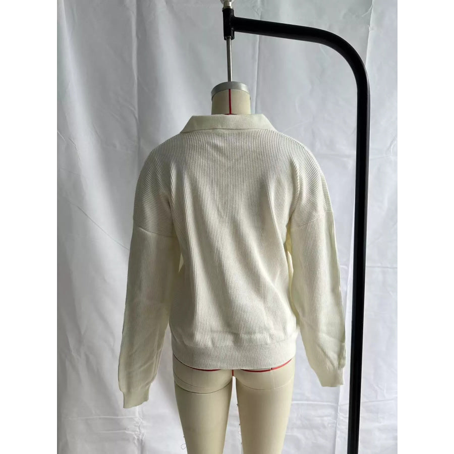 Ribbed Knit Polo Collar Sweater Apparel and Accessories