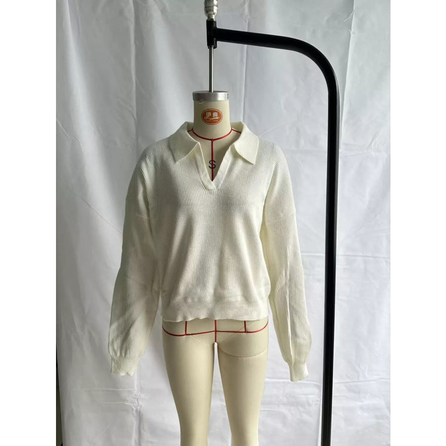 Ribbed Knit Polo Collar Sweater White / S Apparel and Accessories