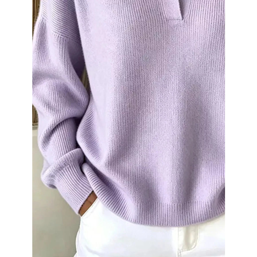 Ribbed Knit Polo Collar Sweater Apparel and Accessories