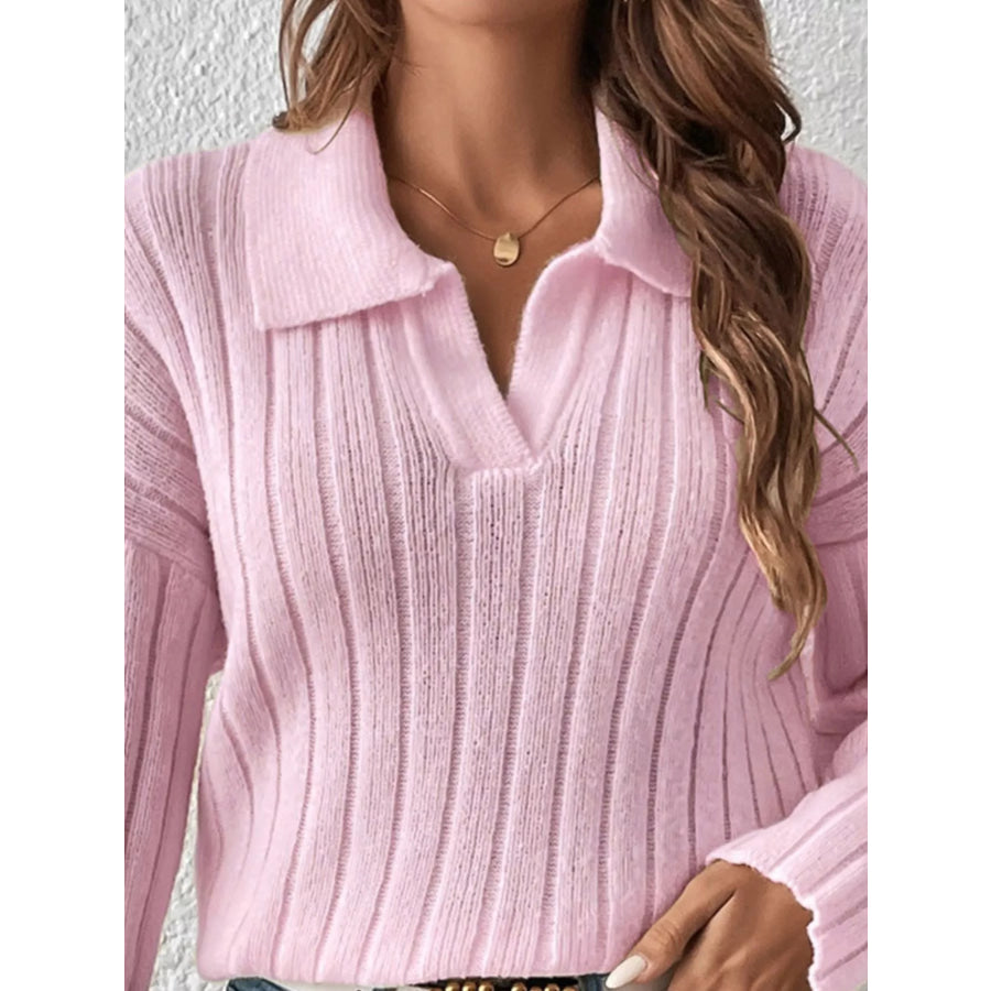Ribbed Knit Polo Collar Sweater Apparel and Accessories