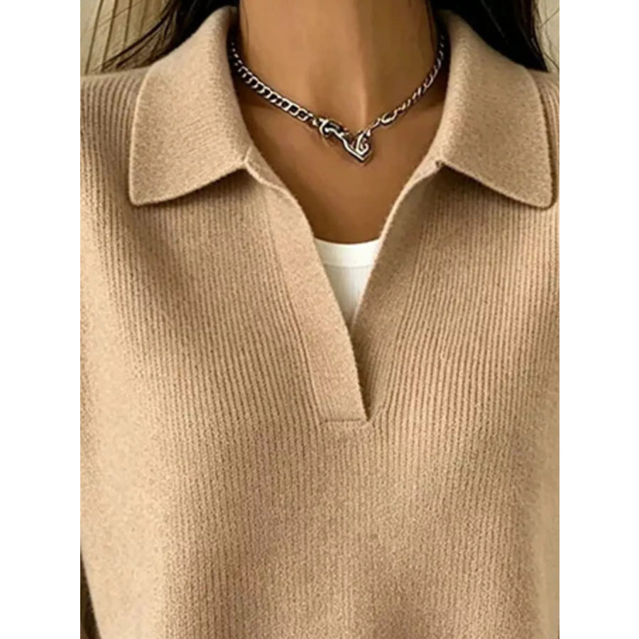Ribbed Knit Polo Collar Sweater Apparel and Accessories