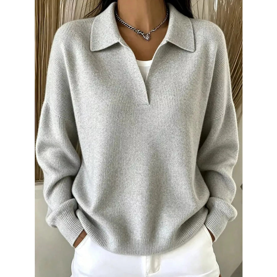 Ribbed Knit Polo Collar Sweater Apparel and Accessories