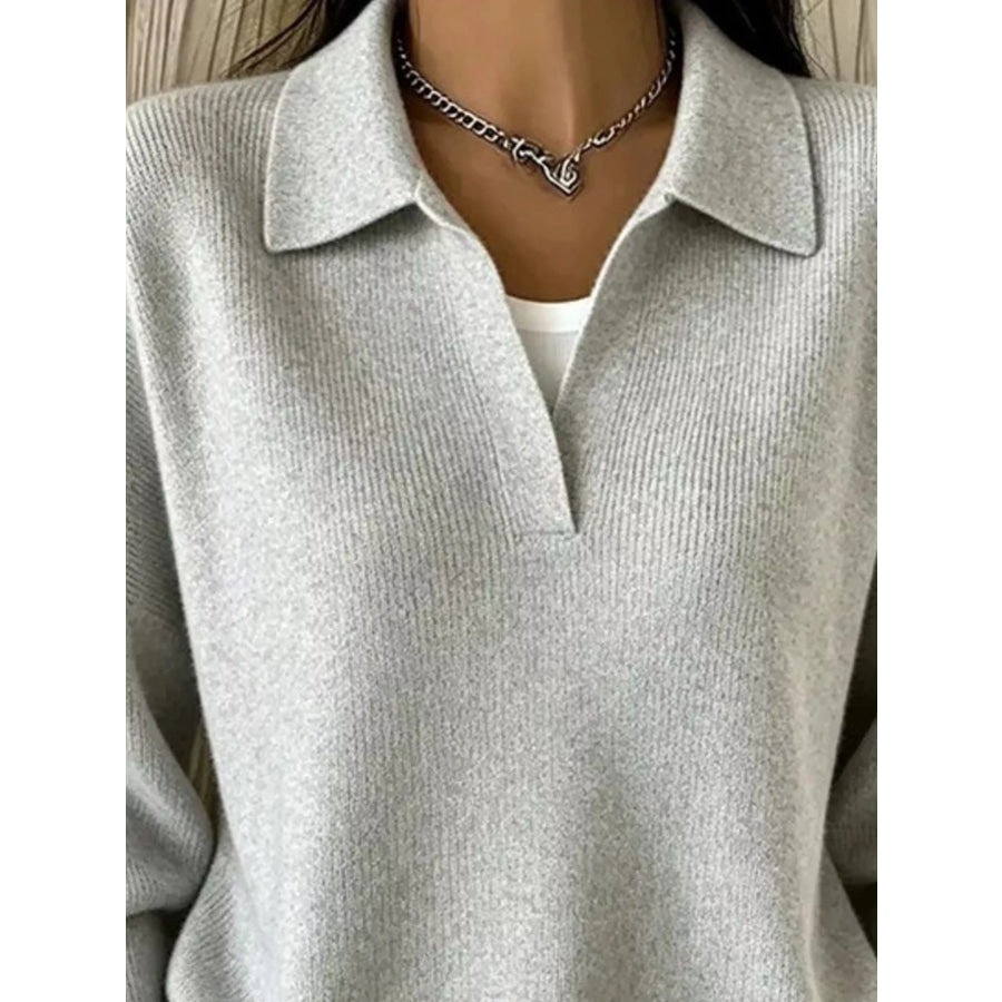 Ribbed Knit Polo Collar Sweater Apparel and Accessories