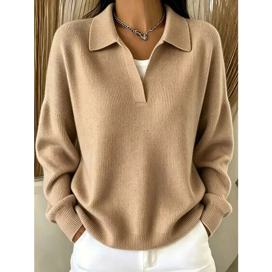 Ribbed Knit Polo Collar Sweater Apparel and Accessories