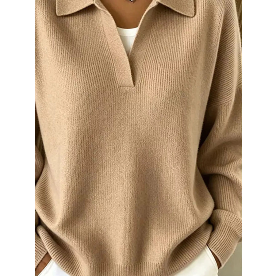 Ribbed Knit Polo Collar Sweater Camel / S Apparel and Accessories