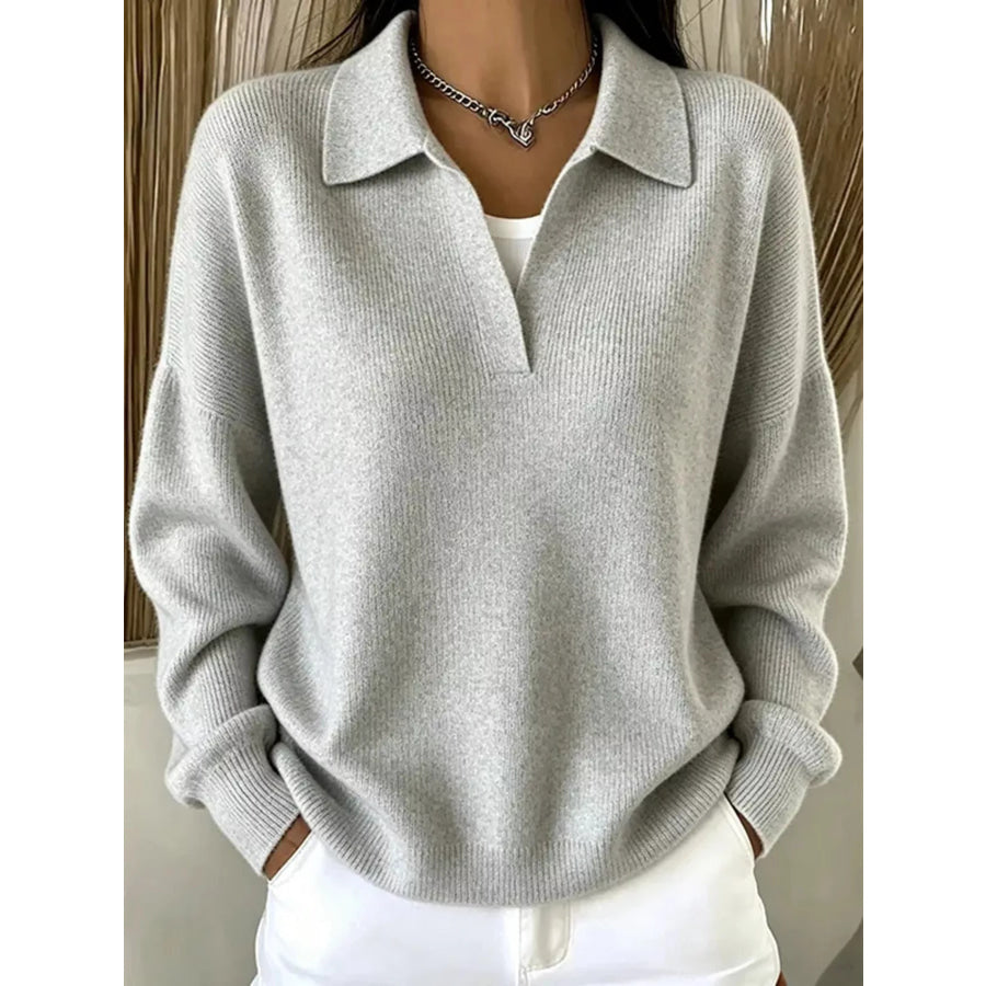 Ribbed Knit Polo Collar Sweater Gray / S Apparel and Accessories