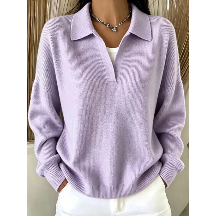 Ribbed Knit Polo Collar Sweater Pink Purple / S Apparel and Accessories