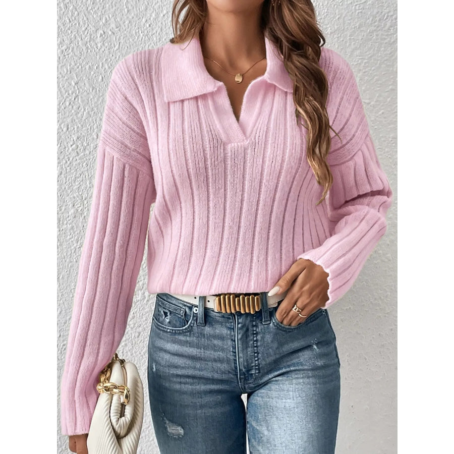 Ribbed Knit Polo Collar Sweater Pink / S Apparel and Accessories