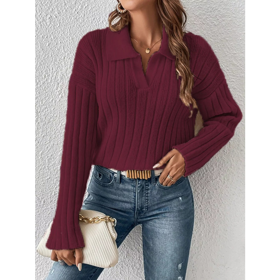 Ribbed Knit Polo Collar Sweater Red / S Apparel and Accessories