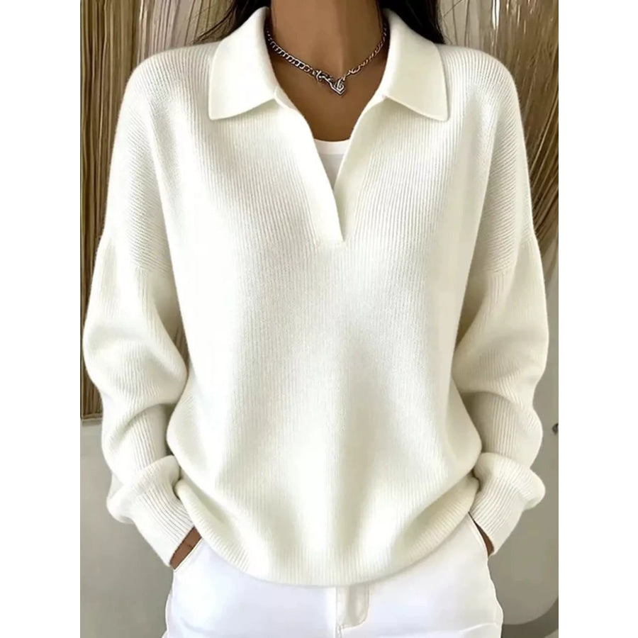 Ribbed Knit Polo Collar Sweater White / S Apparel and Accessories