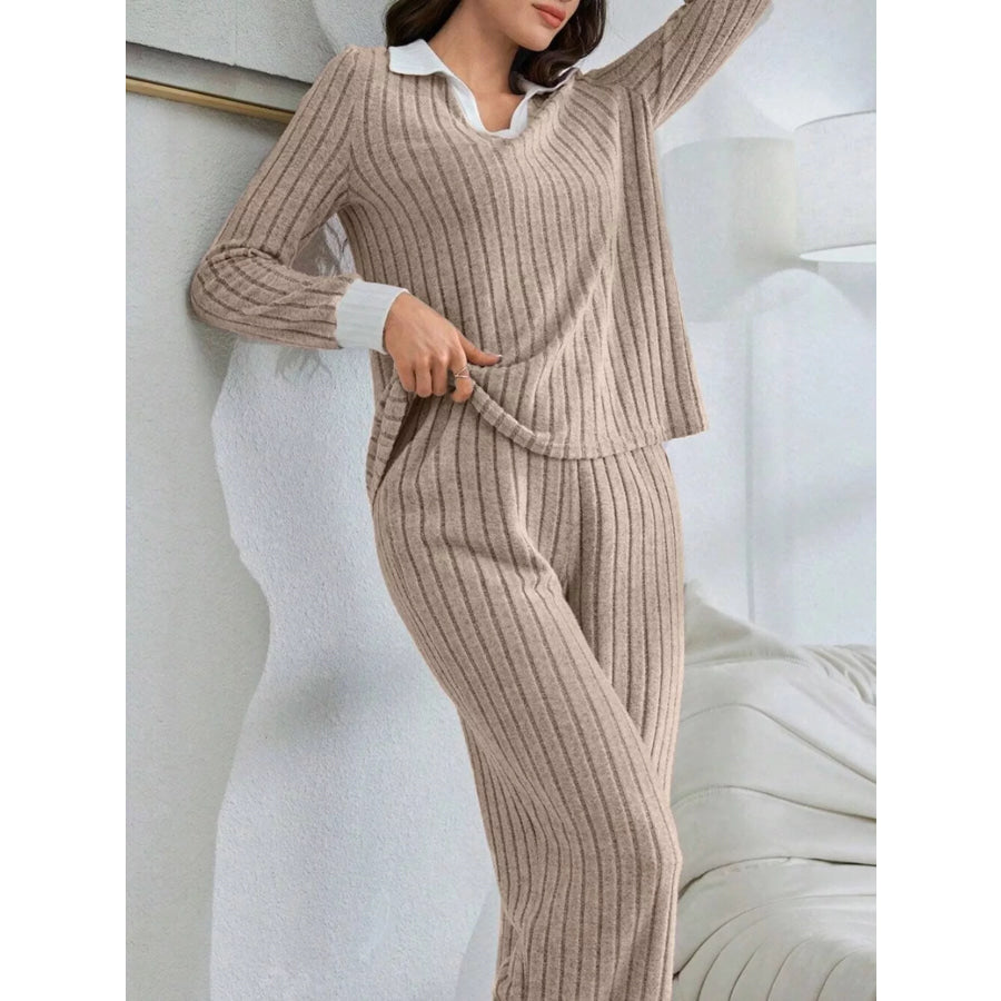 Ribbed Knit Polo Collar Top and Pants Lounge Set Apparel Accessories