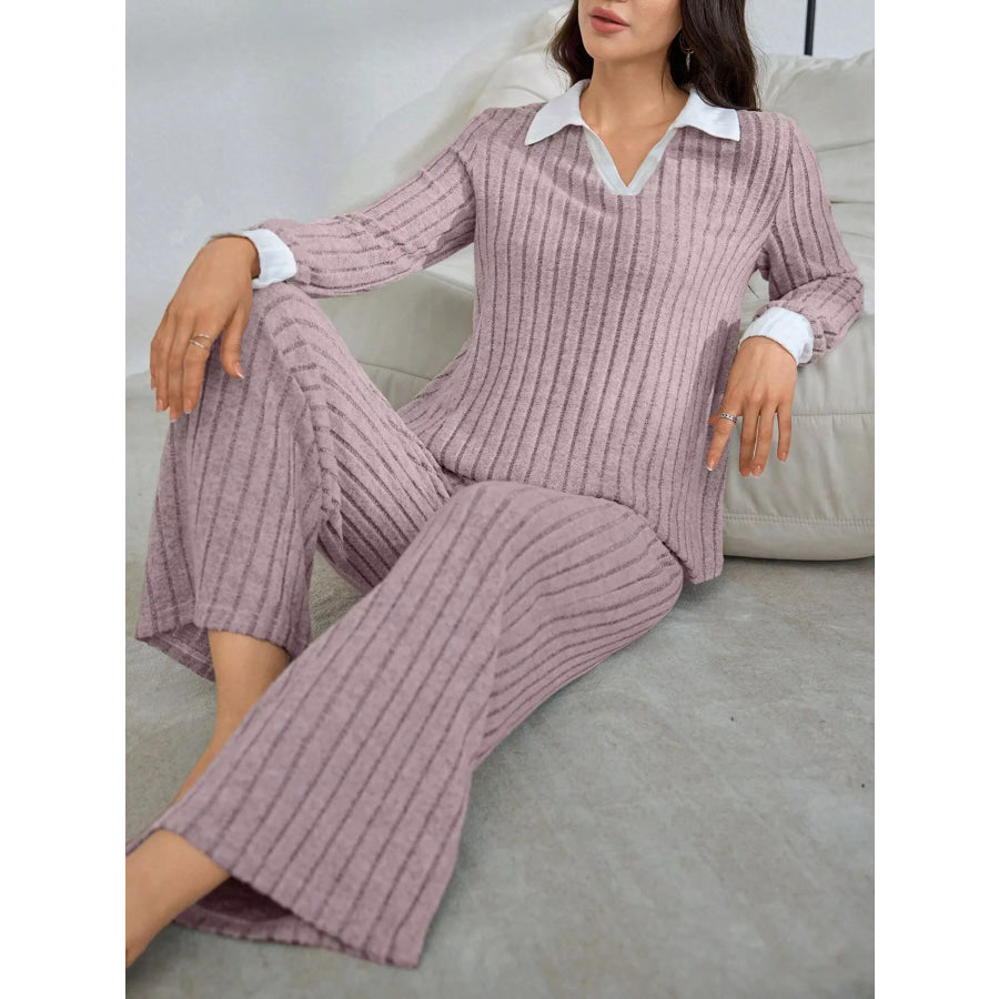 Ribbed Knit Polo Collar Top and Pants Lounge Set Apparel Accessories