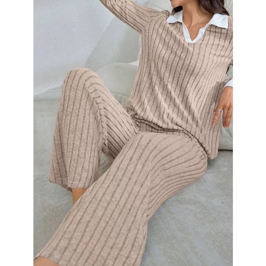 Ribbed Knit Polo Collar Top and Pants Lounge Set Apparel Accessories
