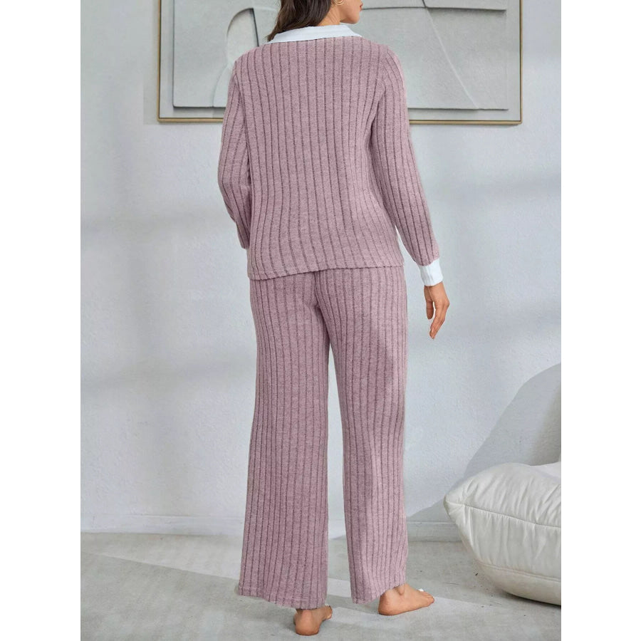 Ribbed Knit Polo Collar Top and Pants Lounge Set Apparel Accessories