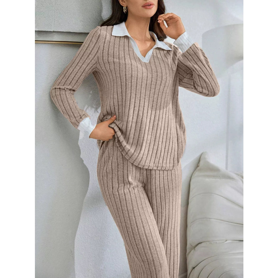 Ribbed Knit Polo Collar Top and Pants Lounge Set Apparel Accessories