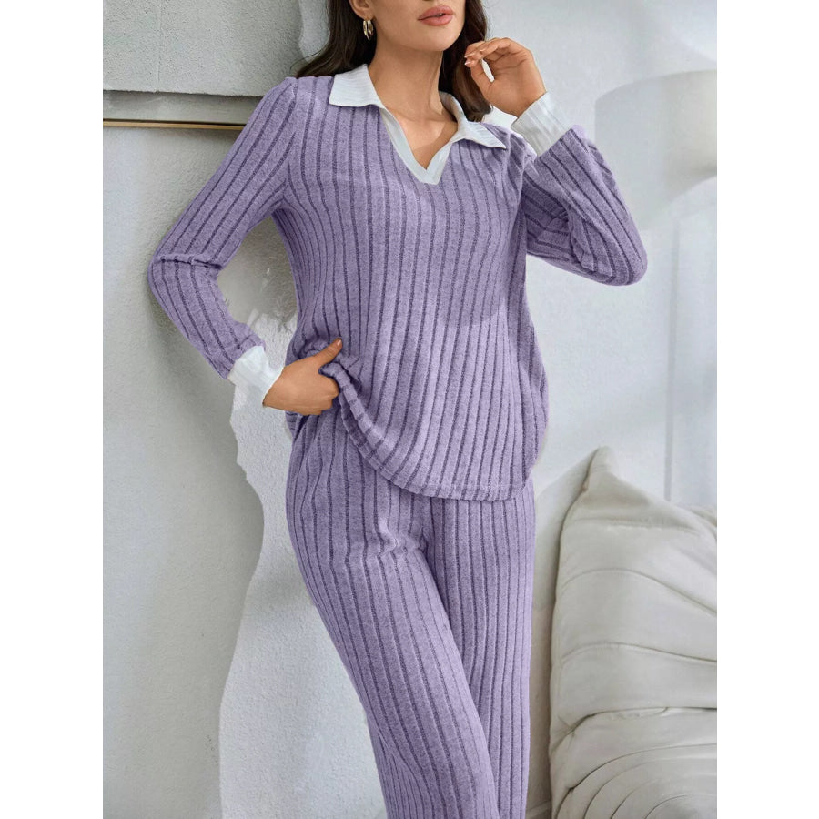 Ribbed Knit Polo Collar Top and Pants Lounge Set Apparel Accessories