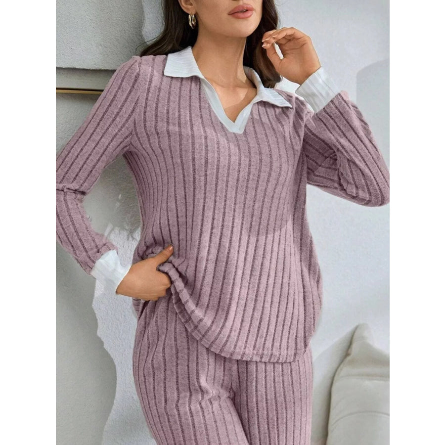 Ribbed Knit Polo Collar Top and Pants Lounge Set Apparel Accessories