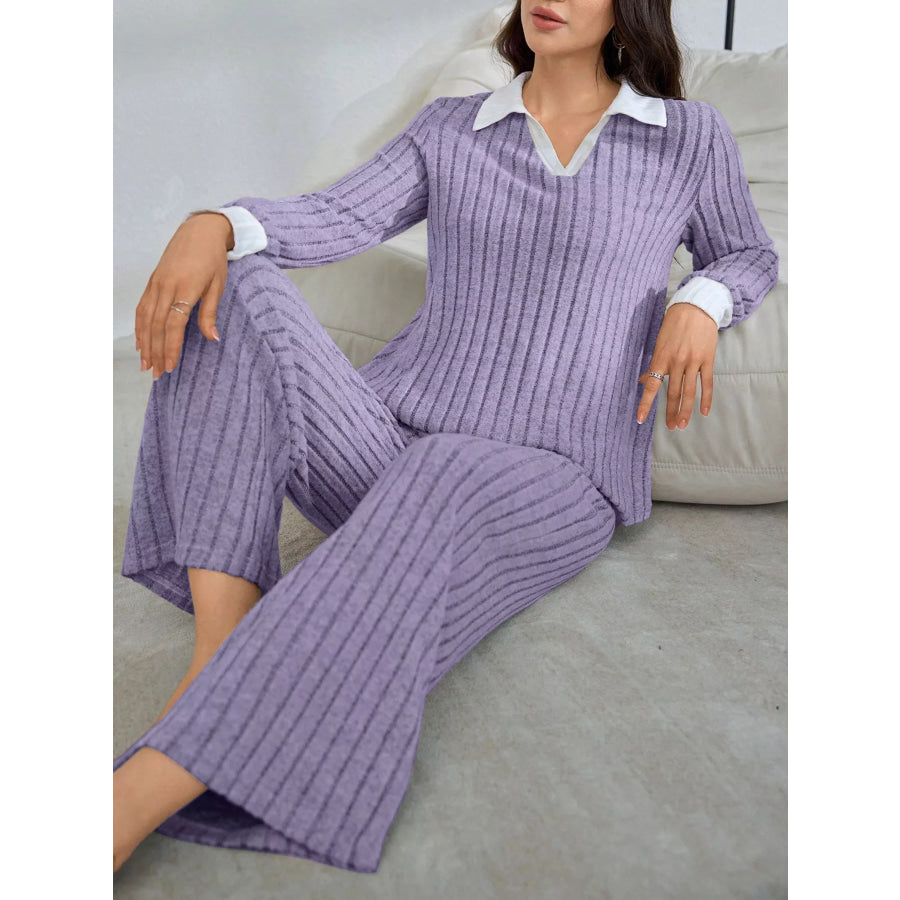 Ribbed Knit Polo Collar Top and Pants Lounge Set Apparel Accessories