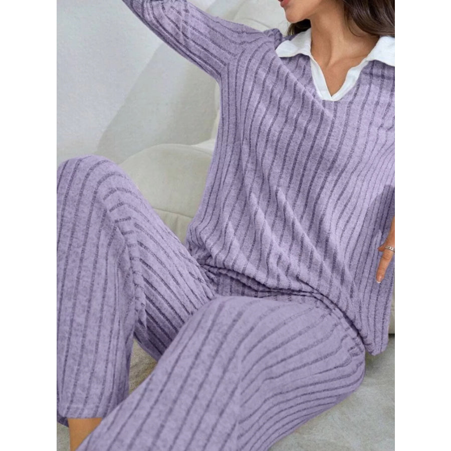 Ribbed Knit Polo Collar Top and Pants Lounge Set Apparel Accessories