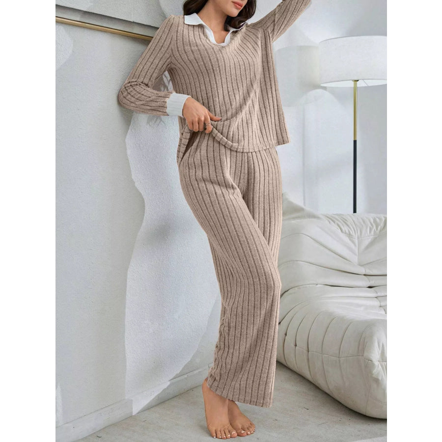 Ribbed Knit Polo Collar Top and Pants Lounge Set Apricot / S Apparel Accessories