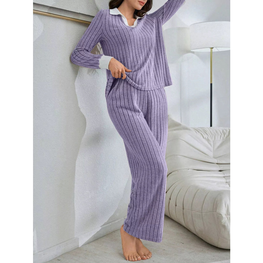 Ribbed Knit Polo Collar Top and Pants Lounge Set Lavender / S Apparel Accessories