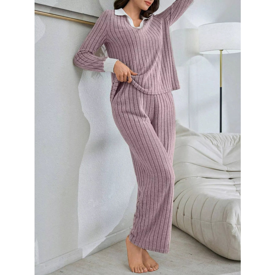 Ribbed Knit Polo Collar Top and Pants Lounge Set Pale Blush / S Apparel Accessories