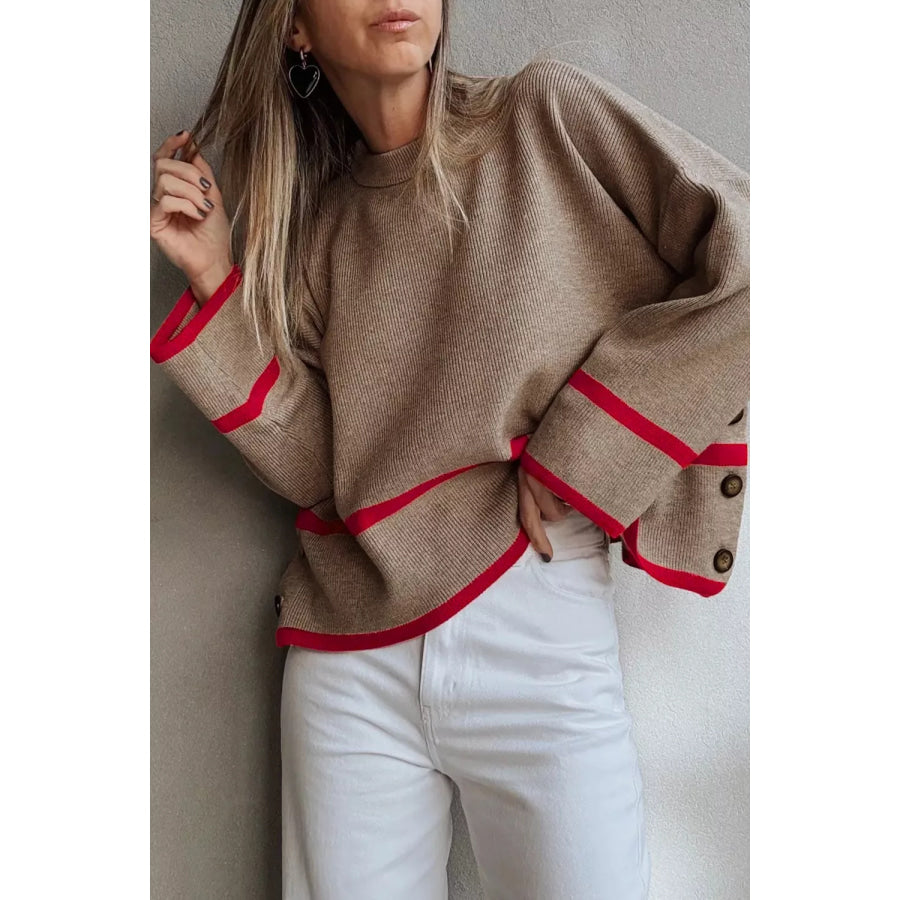 Ribbed Knit Pullover with Contrast Trim Mocha / S Apparel and Accessories
