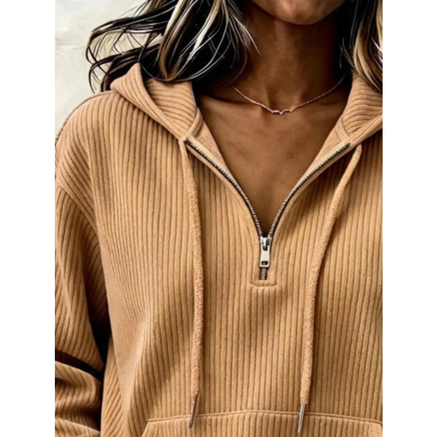 Ribbed Knit Quarter-Zip Hoodie Apparel and Accessories