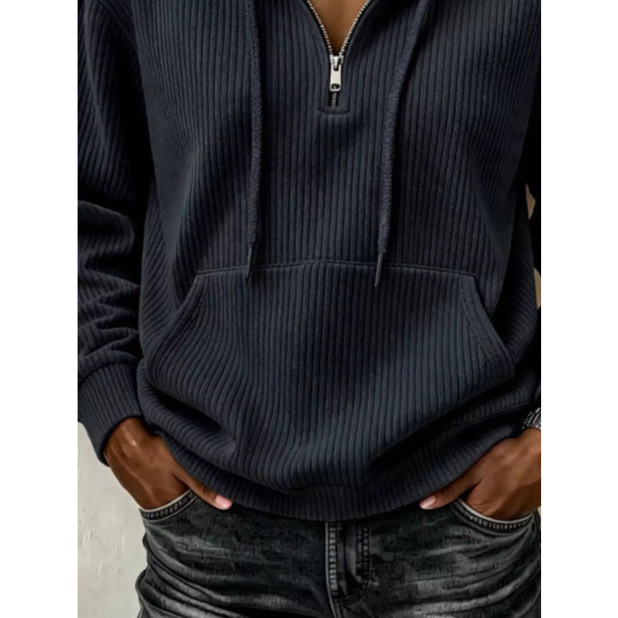 Ribbed Knit Quarter-Zip Hoodie Apparel and Accessories