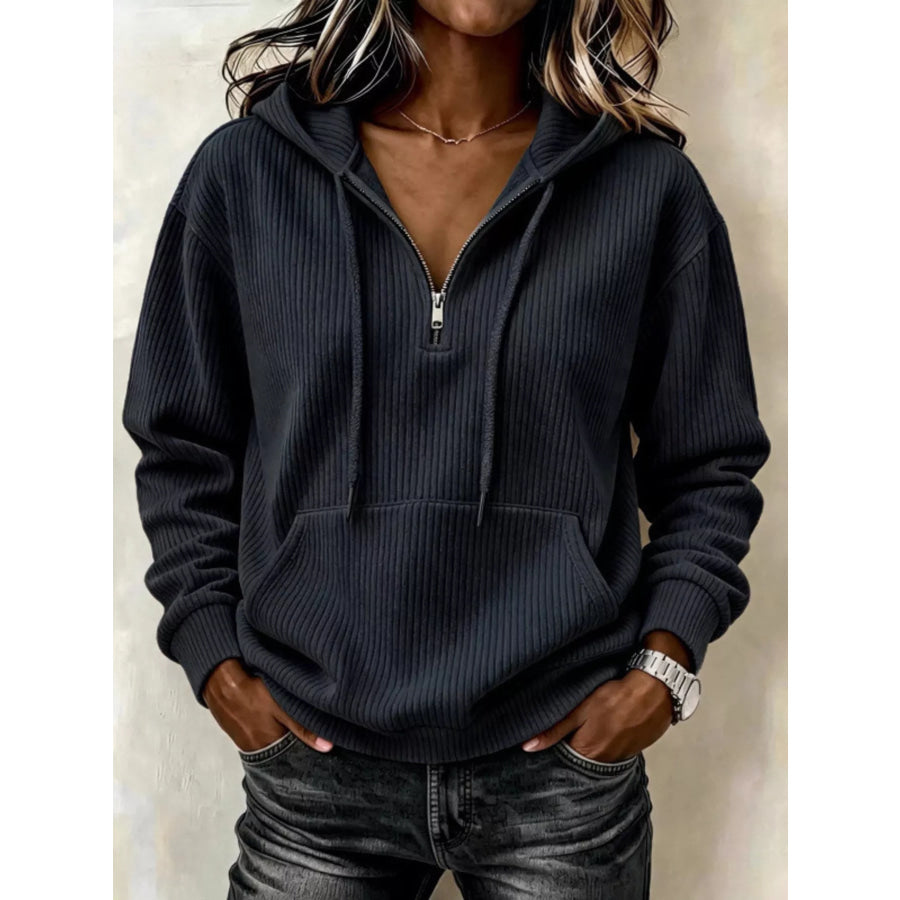 Ribbed Knit Quarter-Zip Hoodie Black / S Apparel and Accessories
