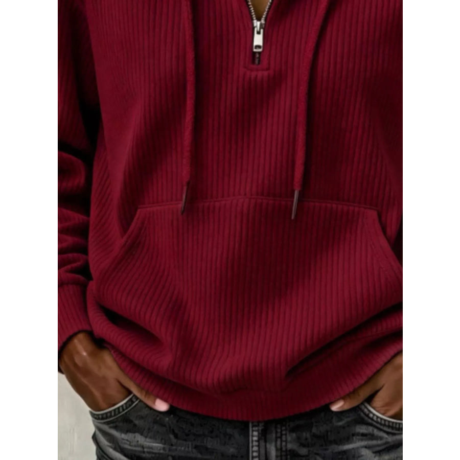 Ribbed Knit Quarter-Zip Hoodie Burgundy / S Apparel and Accessories