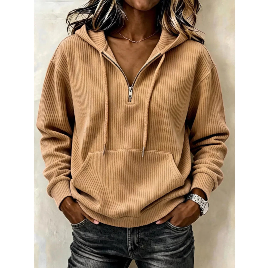 Ribbed Knit Quarter-Zip Hoodie Camel / S Apparel and Accessories
