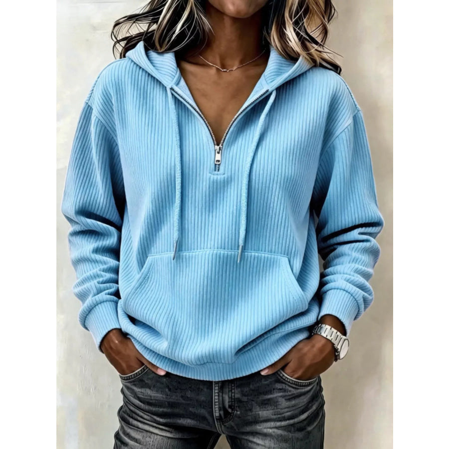 Ribbed Knit Quarter-Zip Hoodie Cerulean / S Apparel and Accessories