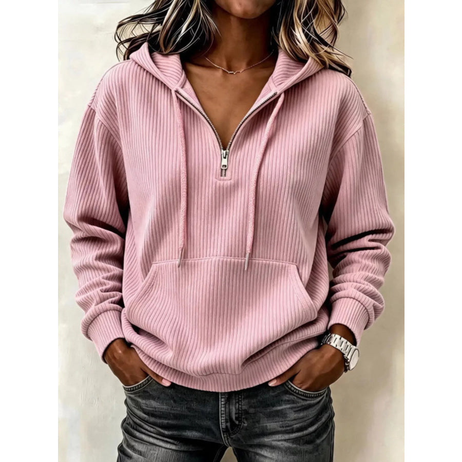 Ribbed Knit Quarter-Zip Hoodie Dusty Pink / S Apparel and Accessories