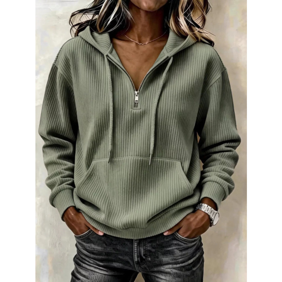 Ribbed Knit Quarter-Zip Hoodie Moss / S Apparel and Accessories