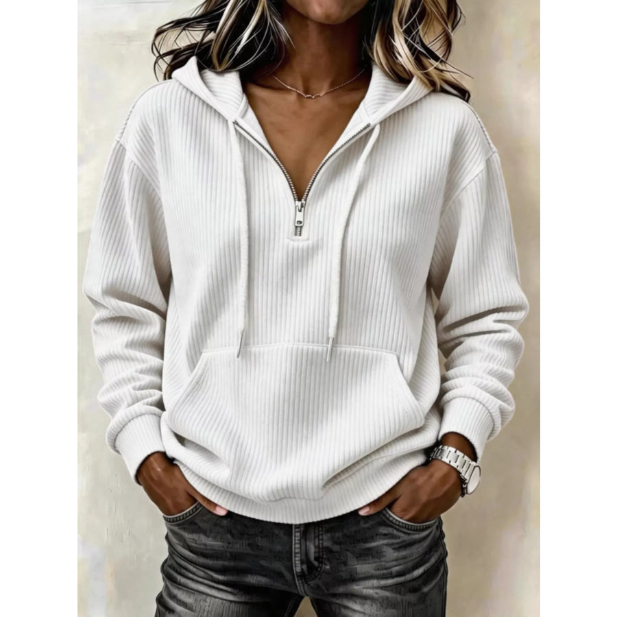 Ribbed Knit Quarter-Zip Hoodie White / S Apparel and Accessories
