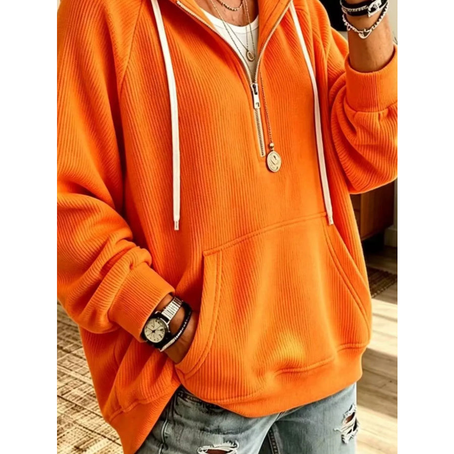 Ribbed Knit Quarter-Zip Hoodie with Kangaroo Pocket Apparel and Accessories