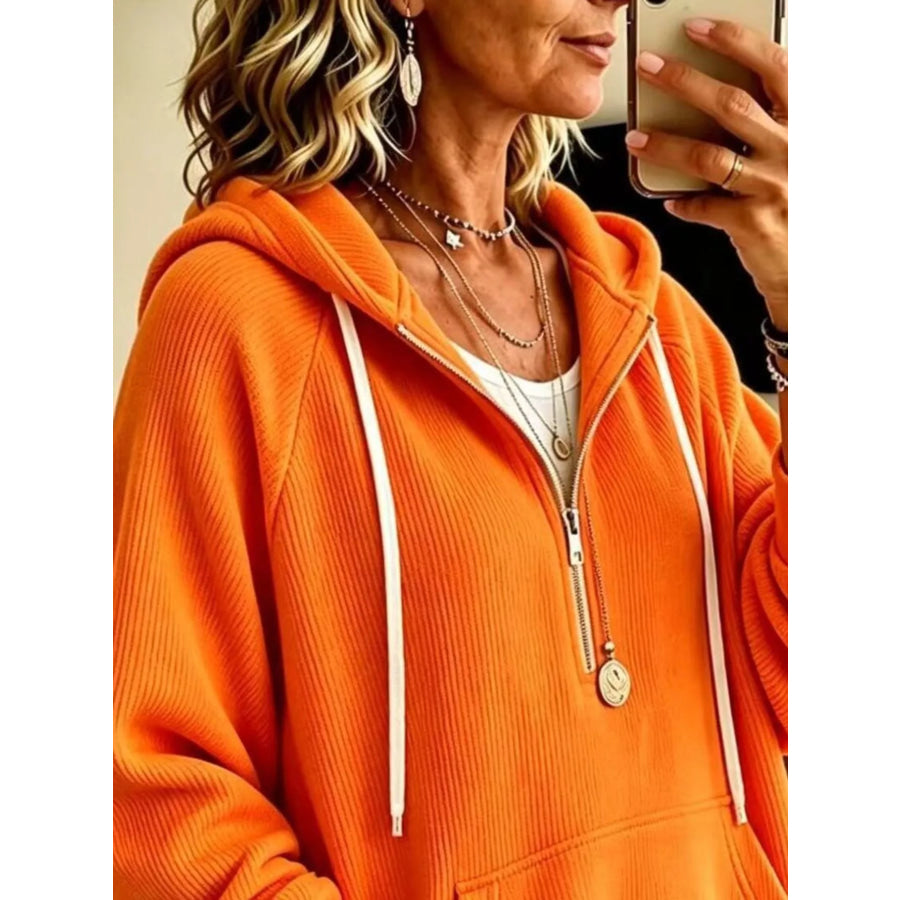 Ribbed Knit Quarter-Zip Hoodie with Kangaroo Pocket Apparel and Accessories