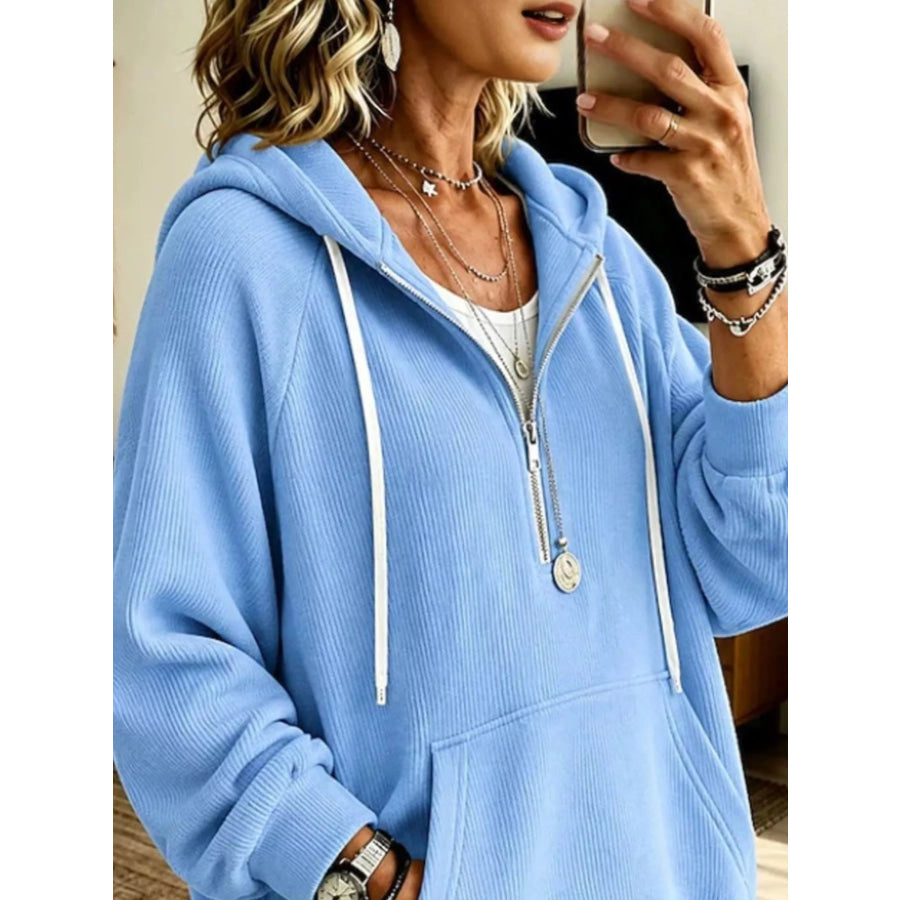Ribbed Knit Quarter-Zip Hoodie with Kangaroo Pocket Apparel and Accessories