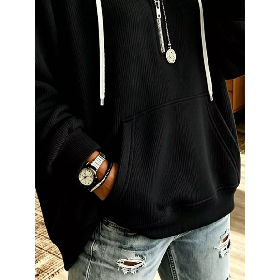 Ribbed Knit Quarter-Zip Hoodie with Kangaroo Pocket Apparel and Accessories