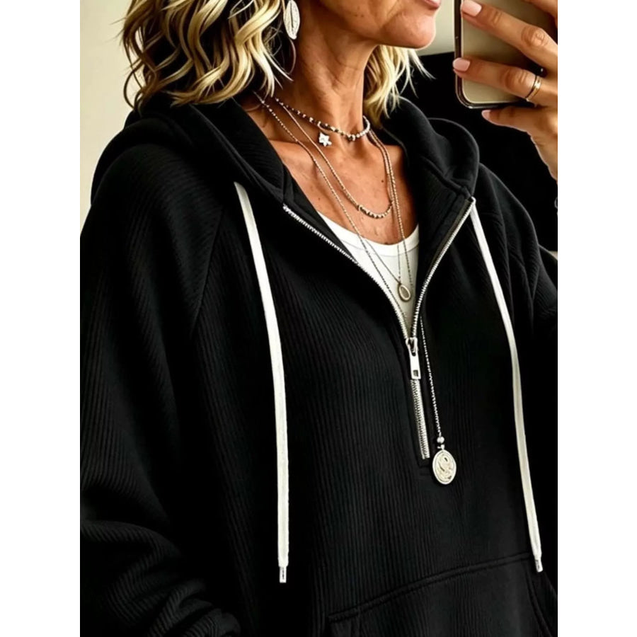 Ribbed Knit Quarter-Zip Hoodie with Kangaroo Pocket Apparel and Accessories