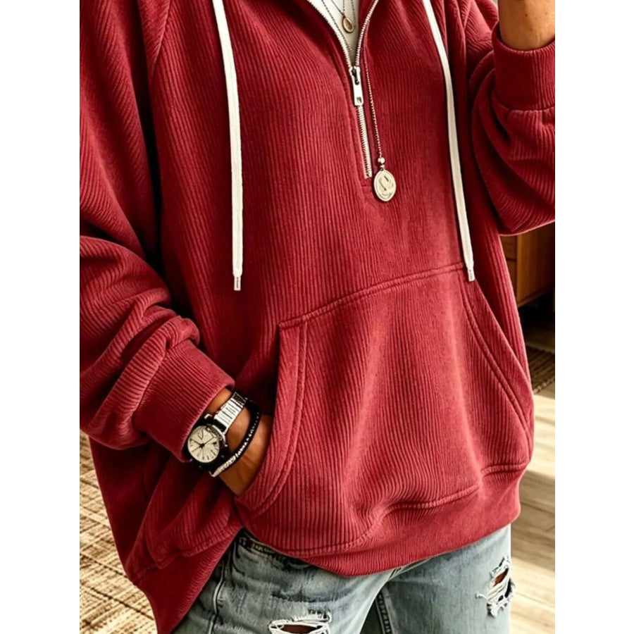 Ribbed Knit Quarter-Zip Hoodie with Kangaroo Pocket Apparel and Accessories