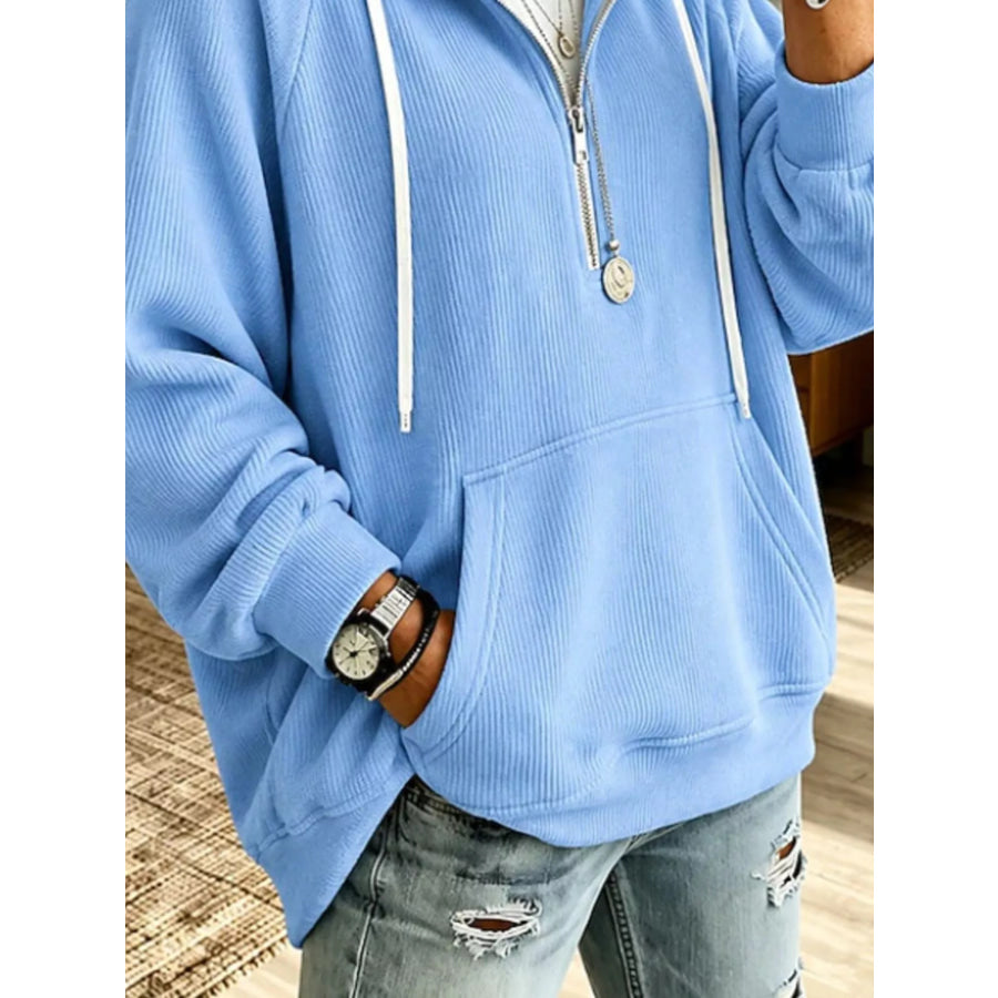 Ribbed Knit Quarter-Zip Hoodie with Kangaroo Pocket Apparel and Accessories