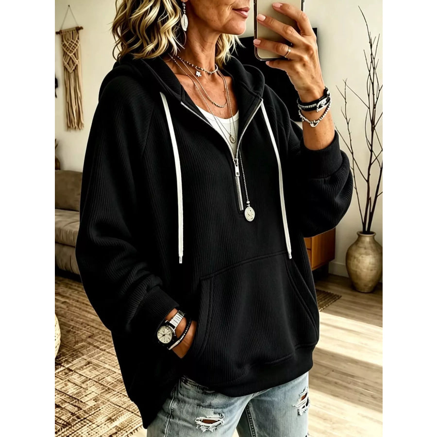 Ribbed Knit Quarter-Zip Hoodie with Kangaroo Pocket Black / S Apparel and Accessories