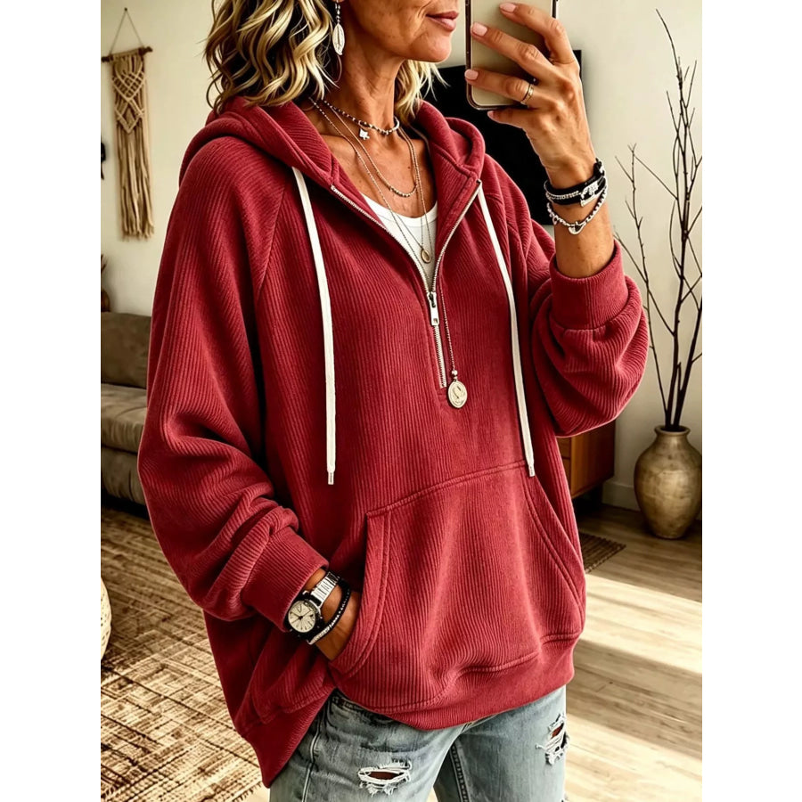Ribbed Knit Quarter-Zip Hoodie with Kangaroo Pocket Deep Red / S Apparel and Accessories