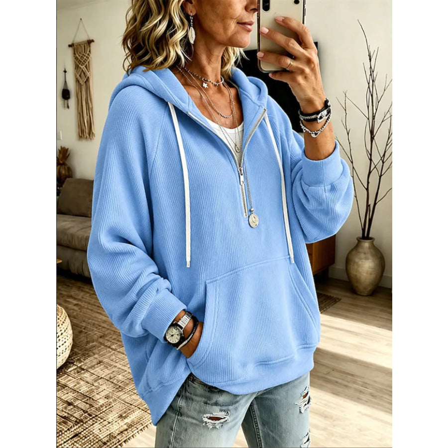 Ribbed Knit Quarter-Zip Hoodie with Kangaroo Pocket Light Blue / S Apparel and Accessories