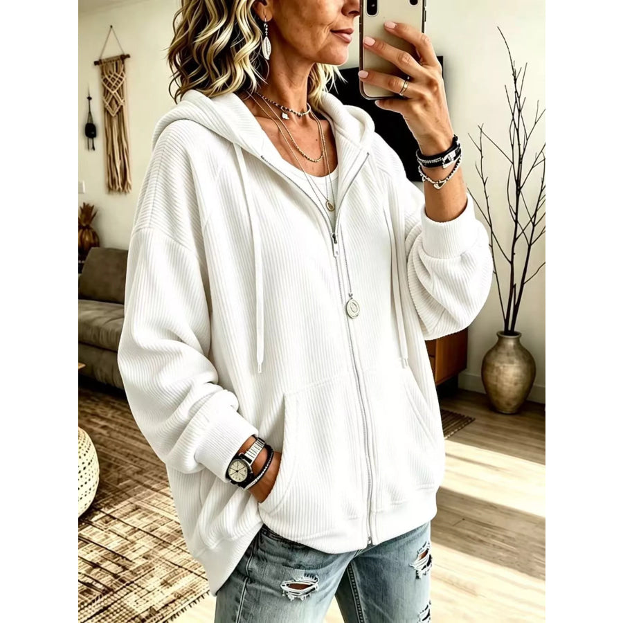 Ribbed Knit Quarter-Zip Hoodie with Kangaroo Pocket White / S Apparel and Accessories