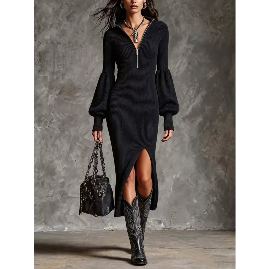 Ribbed Knit Quarter-Zip Lantern Sleeve Sweater Dress Black / S