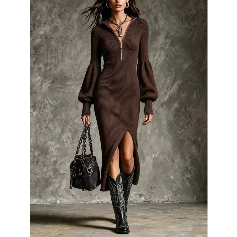 Ribbed Knit Quarter-Zip Lantern Sleeve Sweater Dress Brown / S