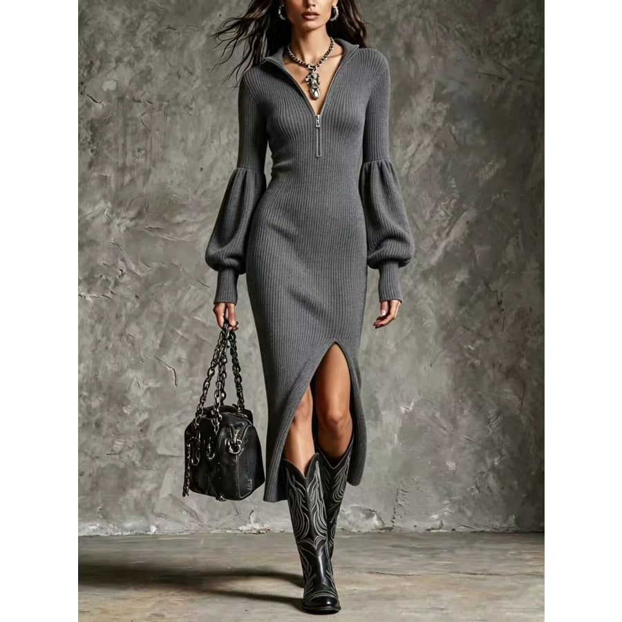 Ribbed Knit Quarter-Zip Lantern Sleeve Sweater Dress Gray / S
